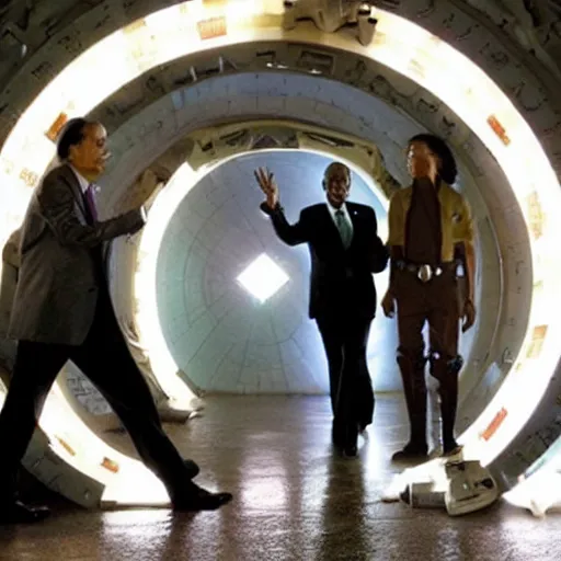 Prompt: barrack obama going through an active stargate in atlantis