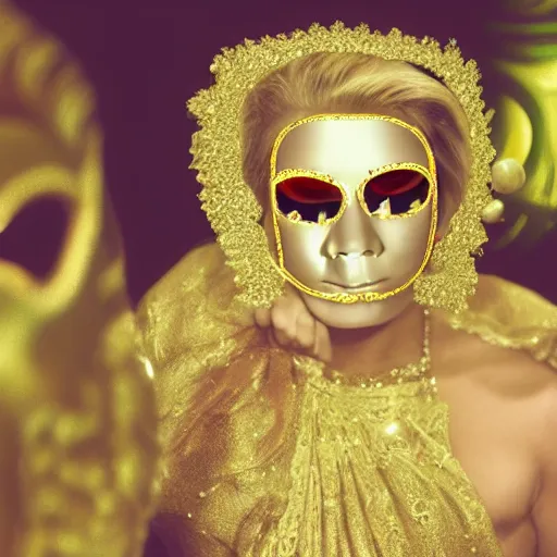 Image similar to a woman wearing a gold mask with pearls, a colorized photo by tahir salahov, pixabay contest winner, rococo, movie still, anaglyph filter, fantasy