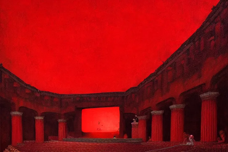 Image similar to only with red, a red great emperor, taormina amphitheatre, crowd with big smile, in the style of beksinski, parts by edward hopper, parts by rodcenko, parts by yue minjun, intricate and epic composition, red by caravaggio, insanely quality, highly detailed, masterpiece, red light, artstation, 4 k