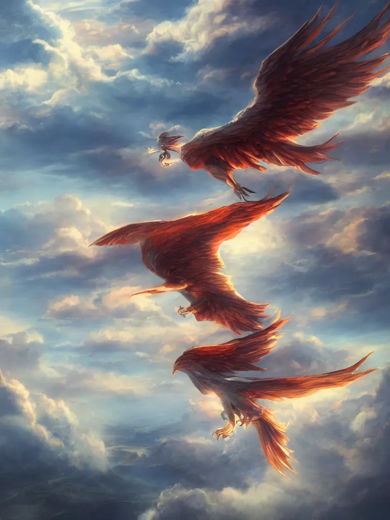 Prompt: A phoenix soaring in the clouds, fantasy matte painting，cg concept design， rich colors, high details，light effect，trending on cgsociety and artstation，8kHDR，