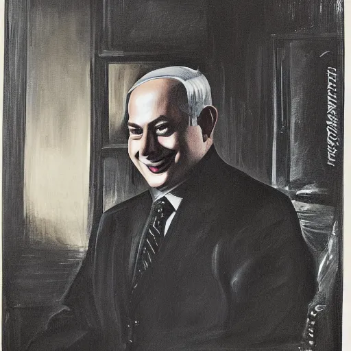 Prompt: Gothic portrait of Benjamin Netanyahu grinning in a dark office, black make up, detailed