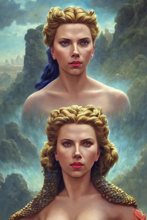 Image similar to A fantasy comic book style portrait painting of Scarlett Johansson, Margot Robbie, as an Atlantean Reptilian Warrior, Mystical Valkyrie, François Boucher, Oil Painting, unreal 5, DAZ, hyperrealistic, octane render, Regal, Refined, Detailed Digital Art, RPG portrait, William-Adolphe Bouguereau, Michael Cheval, Walt Disney (1937), Steampunk, dynamic lighting, Highly Detailed, Cinematic Lighting, Unreal Engine, 8k, HD