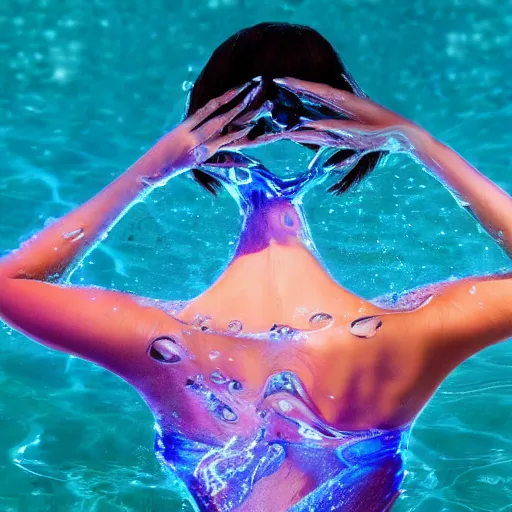 Image similar to water art in the shape of a womens body, on the ocean water, water art, water sculpture, futuristic, glowing, hyper realistic, ray tracing, realistic water splashes, sharp focus, long shot, 8 k resolution, cinematic