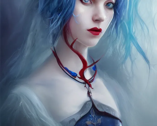 Image similar to A detailed matte oil on canvas head on symmetrical portrait of a distinguished elven woman with red and blue hair on an empty background, by Charlie bowater, Lise Deharme, Wlop, trending on artstationhd, dungeons and dragons art, parted hair , half blue, half red , split dye, critical role