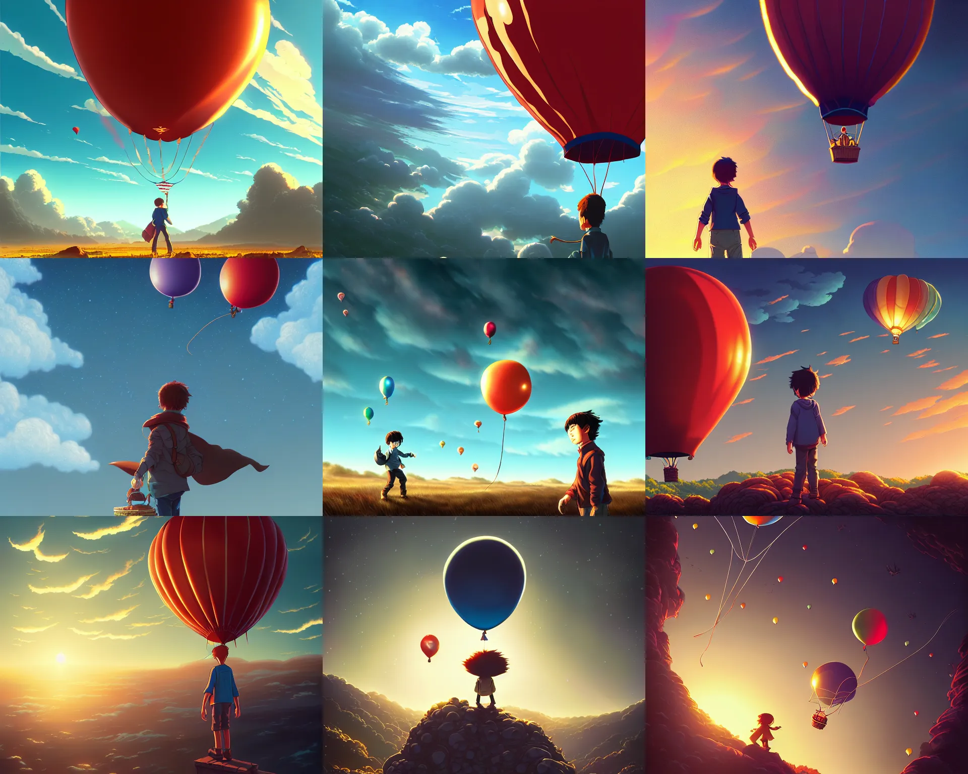 Prompt: the balloon boy by dan mumford, yusuke murata, makoto shinkai, ross tran, cosmic, heavenly, god rays, intricate detail, cinematic, cel shaded, unreal engine, featured on artstation, pixiv