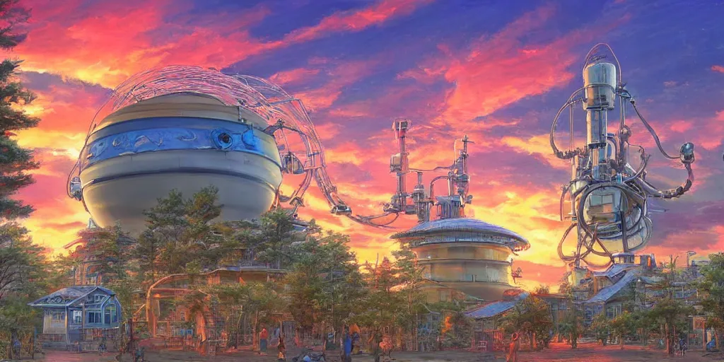 Image similar to fusion reactor, wonderous and magical, in an urban setting, sunset, by Studio Ghibli, Ivan Shishkin and Greg Rukowski