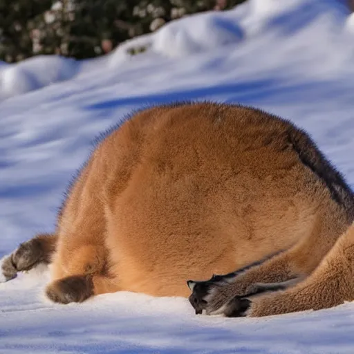 Prompt: fullbody photo still of sleepy fat chubby caracal, lying sleeping on snowy ice, big stomach, fullbody, sunny winter day