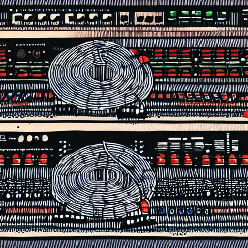 Image similar to illustration of a person made of patch cables using a modular synthesizer