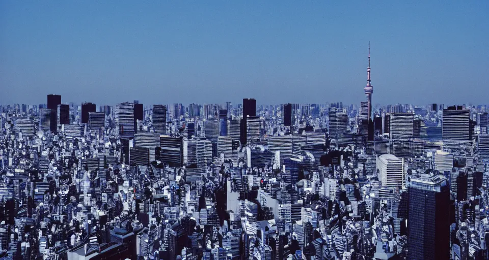 Prompt: photograph of the tokyo skyline, shot on cinestill 5 0 d with a 3 5 mm lens aperture f / 8, dynamic composition, high camera angle, wide angle, full frame, full res, pinpoint sharp focus, hyper realistic