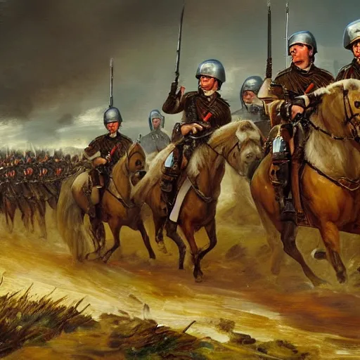 Prompt: found footage of general boris johnson leading his men into battle, glorified image, 8k, oil painting