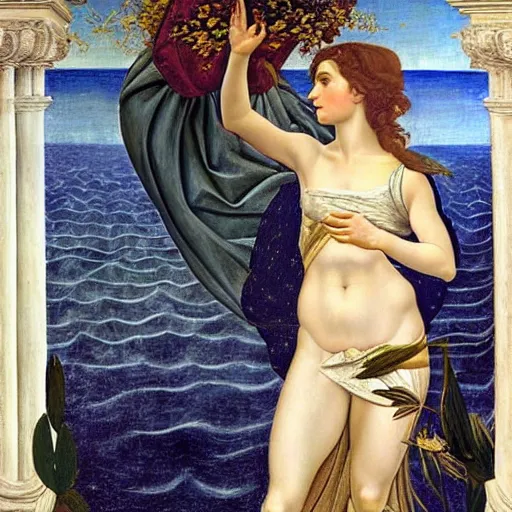 Image similar to Portrait of Keira Knightley as Venus in the painting The Birth of Venus, by Sandro Botticelli, Tempera on canvas, Clamshell