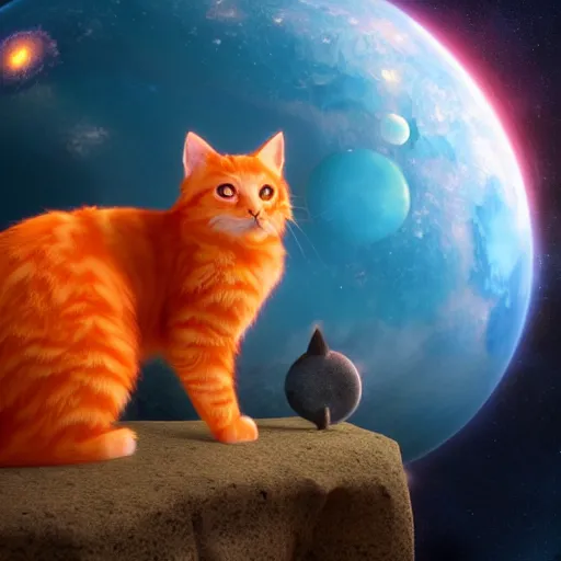 Prompt: A fuzzy orange cat sitting on planet earth in space, full of details, by Makoto Shinkai and thomas kinkade, Matte painting, trending on artstation and unreal engine