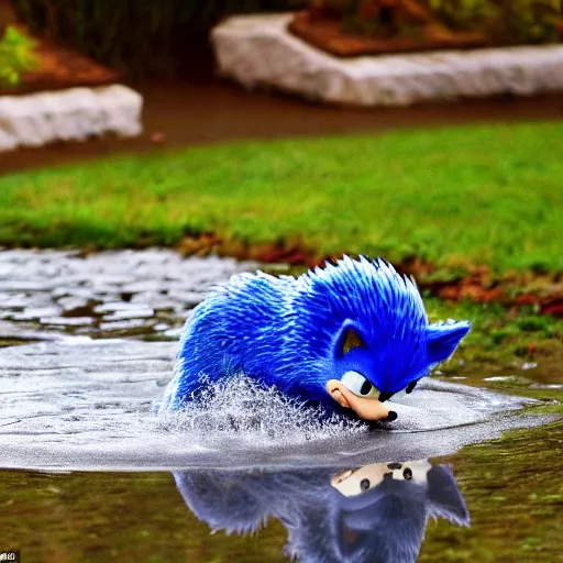 Prompt: sonic the hedgehog slipping in to a water puddle