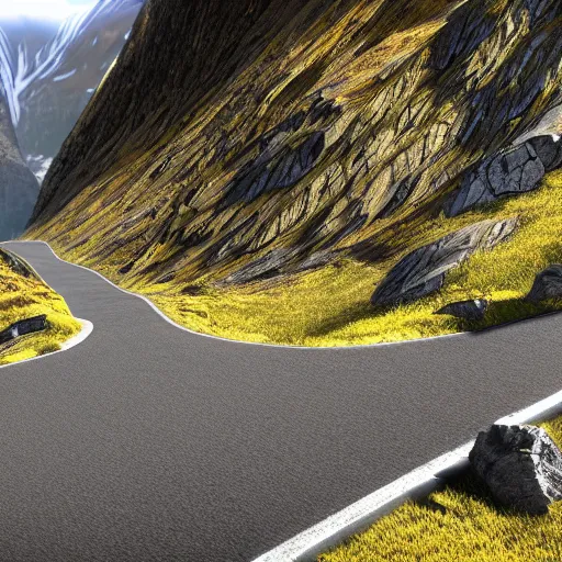 Image similar to high alpine landscape with windy road, unreal engine, high quality digital art, dramatic lighting, photo realism