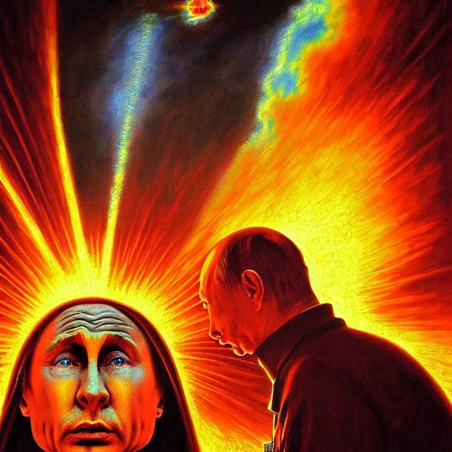 Prompt: shocked face of putin looking in nuclear explotion in moscow, hyper - realistic, sharp focus, depth of field, hyper - detailed visionary art, symmetric, hell, holy halo, dramatic ambient lighting, high detail, vibrant colors,