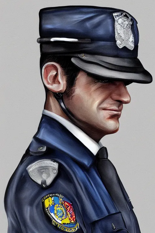 Image similar to emmanuel macron wearing a police officer uniform, highly detailed, digital art, sharp focus, trending on art station