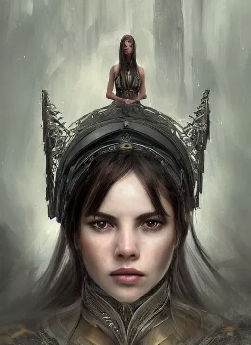 Image similar to photorealistic portrait of a beautiful young female warrior, clothed in ethereal armor, olive skin, long dark hair, beautiful bone structure, symmetrical facial features, intricate, elegant, digital painting, concept art, smooth, sharp focus, finely detailed, illustration, from Valerian and the City of a Thousand Planets, by Ruan Jia and Mandy Jurgens and Artgerm and William-Adolphe Bouguerea