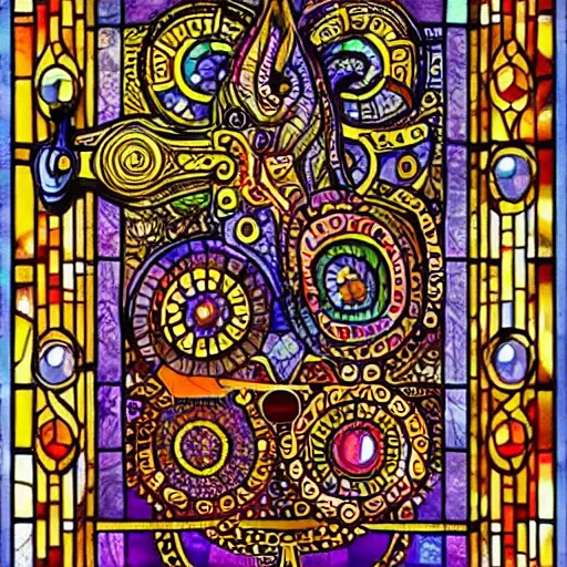 Prompt: hands eyes bass clef bass guitar lights, fire, chaos, high quality, intricate details, details, intricate, atmosphere, highly detailed, stained glass, mandala violet, david hockney xavier veilhan