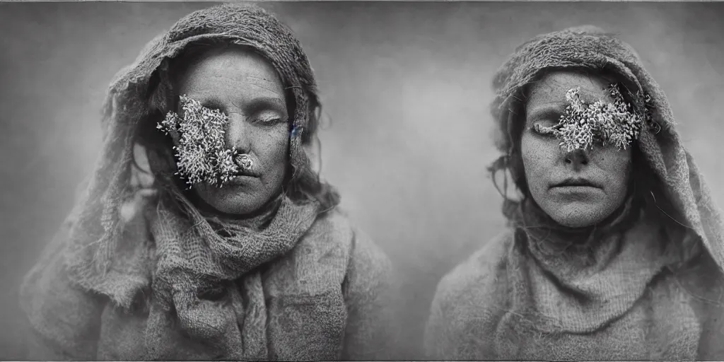 Prompt: portrait photography tyrolean female farmer, leaves and edelweiss growing from face, hay cloths, desaturated, fog, 1. 2 f, 3 5 mm, dark, foggy, 1 9 2 0 s ghost photography