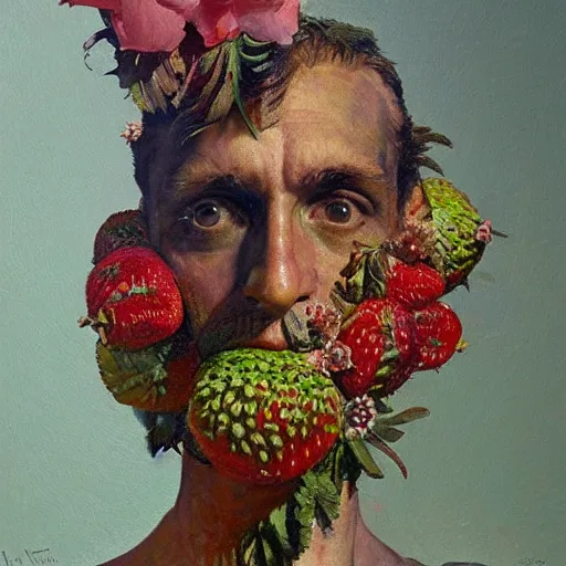 Prompt: a sculpture portrait made of kiwi and strawberries and flowers and plants, painting part by wojciech siudmak, part by ilya repin, part by max ernst, part by norman rockwell, artstation