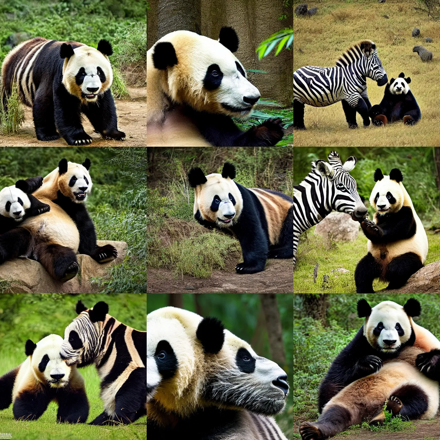Prompt: a wild animal having a head of a giant panda and a body of a zebra, national geographic photo award