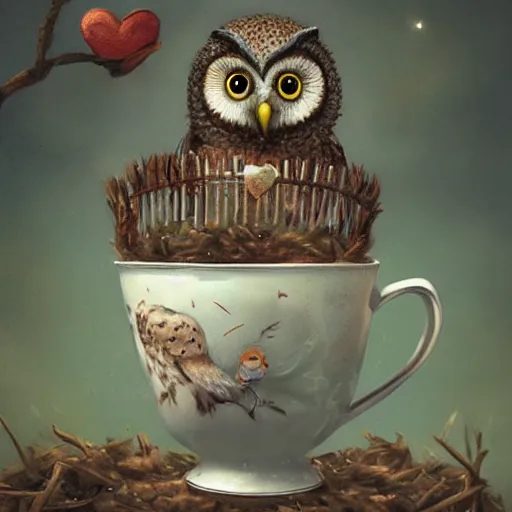 Image similar to long shot of a very cute owl chick nesting in a very romantique cup, by esao andrews, by james jean, humorous illustration, hyperrealistic, big depth of field, warm colors, night scenery, low light, 3 d octane render, 4 k, conceptart, hyperdetailed, hyperrealistic, trending on artstation