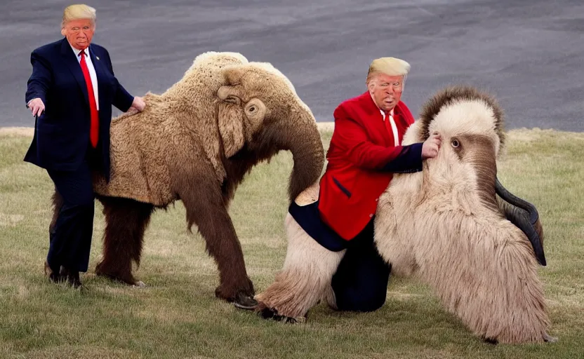 Prompt: Donald Trump in a baby mammoth costume , with an open face