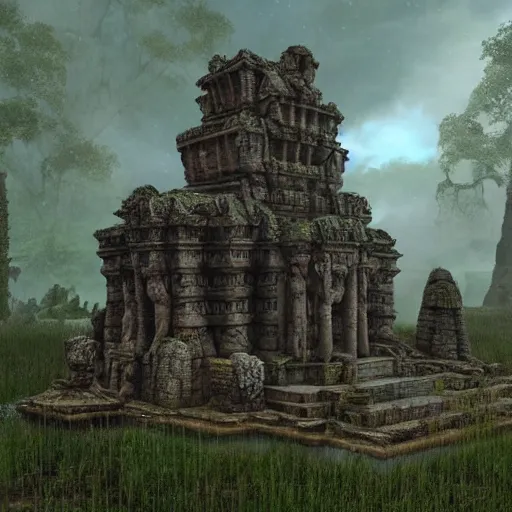 Image similar to an ancient collapsing temple to Shrek discovered deep in the swamps, 4k render, octane, ancient ogre imagery, tribal war god, dark amazonian temple, onion statue, gargoyle-like decorations in the style of Donkey. hyper-detailed, intricate, hallowed swampland