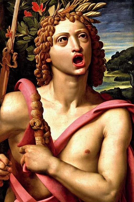 Image similar to renaissance painting of spartan, closeup, rage face closeup, emotions closeup, dressed in roman armour, the beautiful garden with liliac bush everywhere, ultra detailed, art by guido reni style, vincenzo catena style