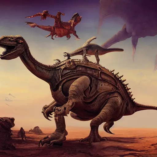 Image similar to hard metal rockers riding dinosaurs in the space desert, boris vallejo style, steampunk, hyper detailed, digital art, cinematic lighting, concept art by artgerm and greg rutkowski and caravaggio and moebius and jakub rebelka, 8 k