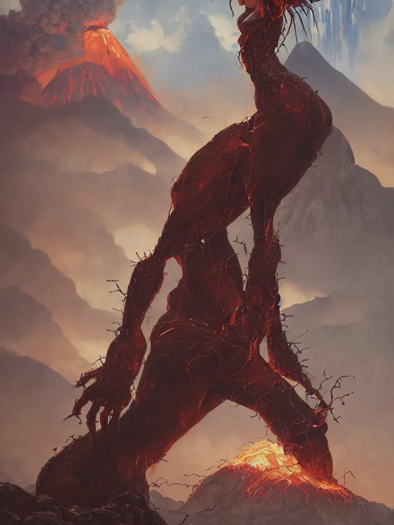 Prompt: A portrait painting of a spider-legged monstrous woman with spikes in her head standing in front of a volcano eruption, illustration, detailed, high cohesion, coherent, symmetrical, award-winning, trending on artstation, by artgerm and Greg Rutkowski and Alphonse Mucha