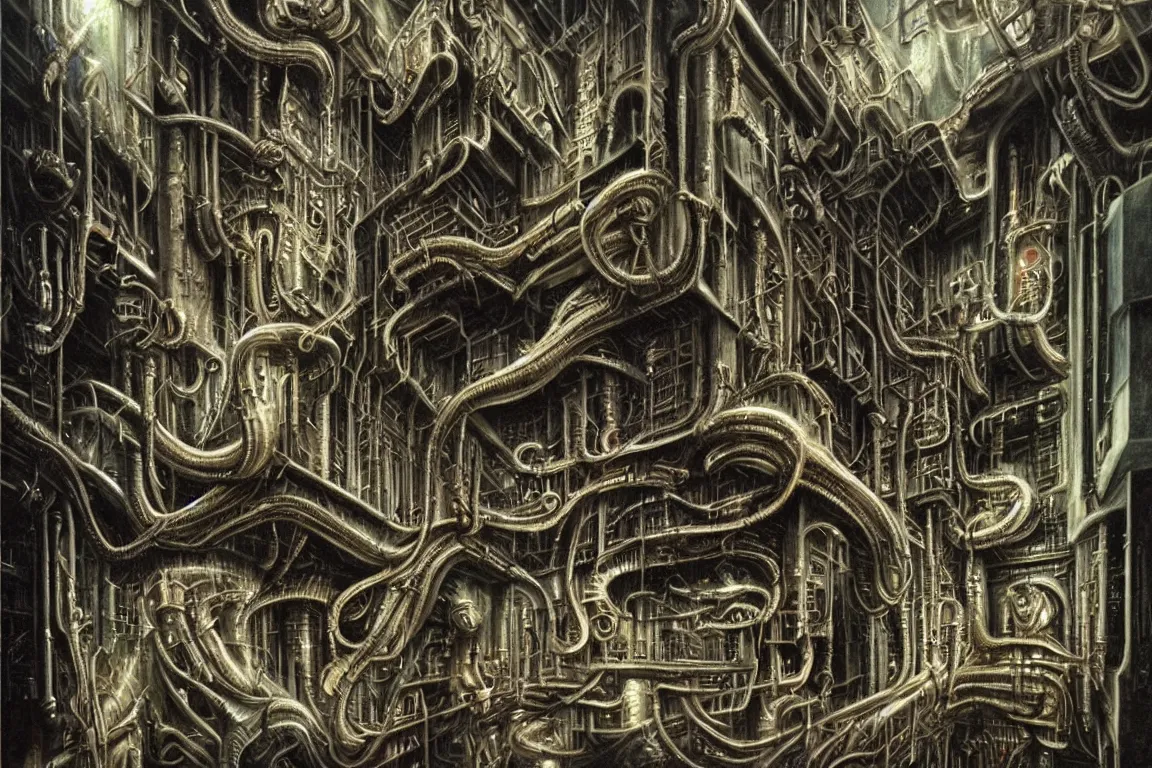 Prompt: A very detailed nightmarish penthouse, surrealism, airbrush painting, style of H. R. Giger