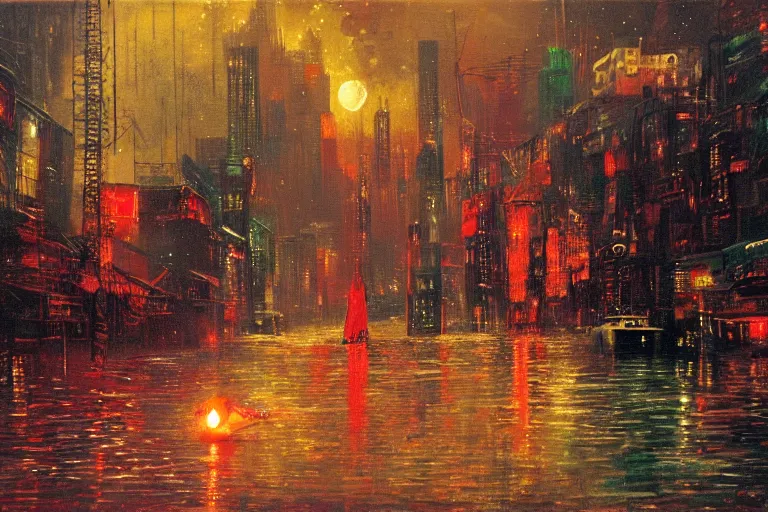 Image similar to river boats speeding between tree houses on flooded streets of new york painting, red and green palette, night lights, starry sky, by ( h. r. giger ) and paul lehr