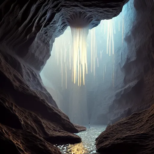 Prompt: light is mine to travel,beyond time ,the cathedrals in a underground vast cave canyon grotto of life the beginning , geological strata,ground mist, falling water,deep clear pools of water, hypermaximalist,micro details, 3d sculpture,,digital rendering,octane render , 4k, artstation, concept art ,amazing lighting, f32,deep depth of field,photographic, wide angle,cinematic lighting