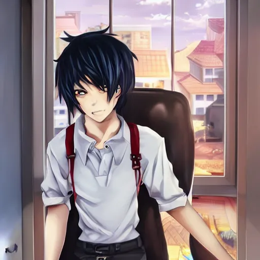 Image similar to aloof anime man with black emo hair wearing baggy shorts, standing in headmistress's office, smug grin, smug expression, punchable expression, punchable face, he's a jerk, sharp details, subsurface scattering, intricate details, art by artgerm, anime, anime hd wallpaper, 2 0 1 9 anime screenshot