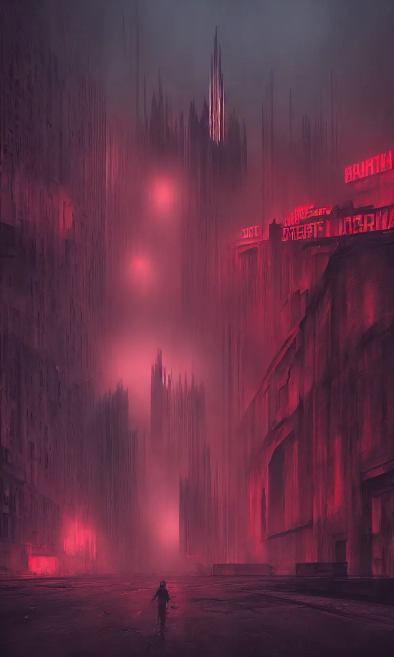 Prompt: Matte painting of dark brutalist cathedral with red neon signs, abandoned streets, cityscape, dark sky, hyper realism, fog, 8k, trending on artstation