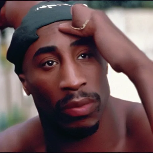 Image similar to a film still from menace to society. starring tupac shakur