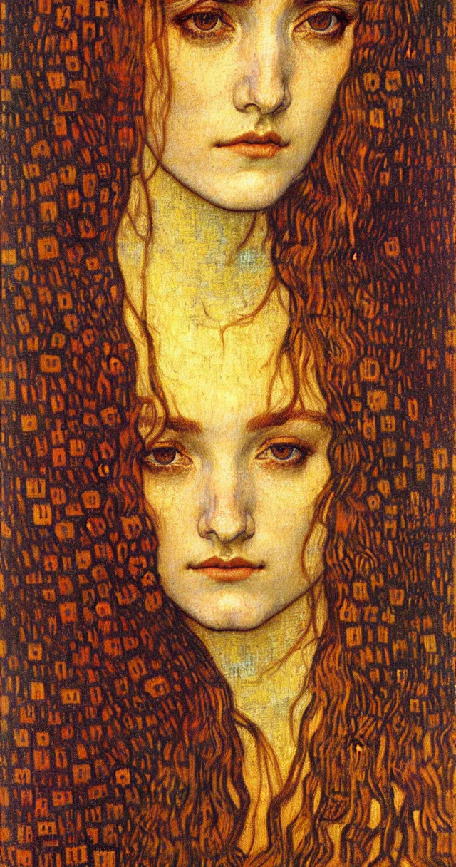 Image similar to detailed realistic beautiful young medieval queen face portrait by jean delville, gustav klimt and vincent van gogh, art nouveau, symbolist, visionary, gothic, pre - raphaelite, muted earthy colors, desaturated