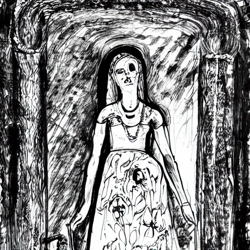 Prompt: in the tomb of empress sissi, vienna, austria, beautiful woman, zombie, pen and ink, line art