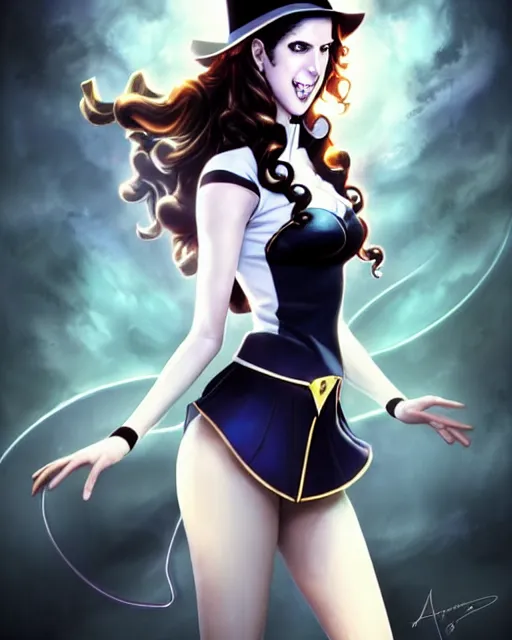 Image similar to ultra realistic, beautiful Anna Kendrick Zatanna DC Comics waist up floating, on stage, symmetrical face symmetrical eyes, smiling, modern anime, fantasy, eerie, intricate details, atmospheric, elegant, super highly detailed, professional digital painting, artstation, concept art, 8k, art by artgerm and eiichiro oda and koyoharu gotouge