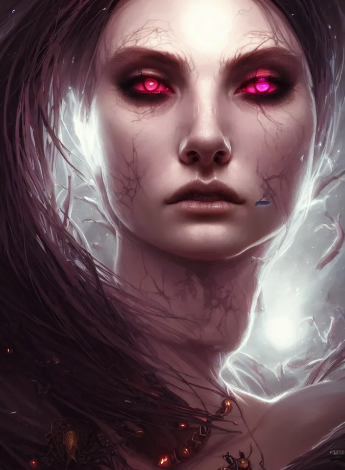 Image similar to Necromancer Sorceress face close-up macro in center, fantasy magic, undercut hairstyle, dark light night, intricate, elegant, sharp focus, illustration, highly detailed, digital painting, concept art, matte, art by WLOP and Artgerm and Greg Rutkowski and Alphonse Mucha, masterpiece