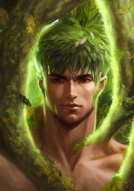 Image similar to A realistic anime portrait of a handsome buff dryad with glowing green eyes and tree bark skin wearing clothes made of leaves, digital painting, by Stanley Artgerm Lau, Sakimichan, WLOP and Rossdraws, digtial painting, trending on ArtStation, SFW version