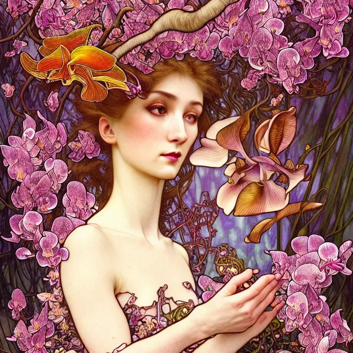 Prompt: psychedelic animal, orchid, cherry blossom tree, mushrooms, diffuse lighting, fantasy, intricate, elegant, highly detailed, lifelike, photorealistic, digital painting, artstation, illustration, concept art, smooth, sharp focus, art by John Collier and Albert Aublet and Krenz Cushart and Artem Demura and Alphonse Mucha and Giuseppe Arcimboldo