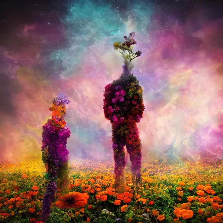 Image similar to a planet of various flowers, fungus and plants, in which the singular human figure is dressed in something magical and impressive, inside the picture is infinity, sunset light, Atmospheric phenomenon, artistic photography, muted colors, conceptual, long exposure outside the city, volumetric light