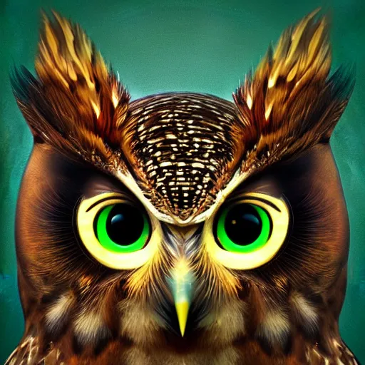 Image similar to wise owl with glowing disney eyes, realistic high detailed scales octane render, portrait, face symmetry, centered, anime style, disney character style green enlightened background