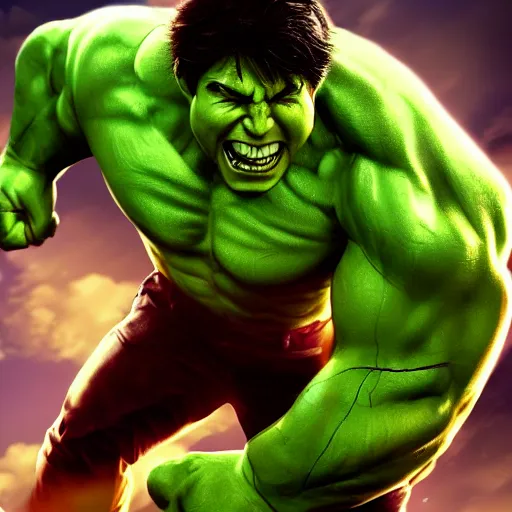 Prompt: tom cruise as the incredible hulk, anime artstyle, artstation, macro, vibrant, digital, wide shot, portrait, hd, cinematic, dramatic, ultra realistic, ultra detailed, 8 k, 4 k