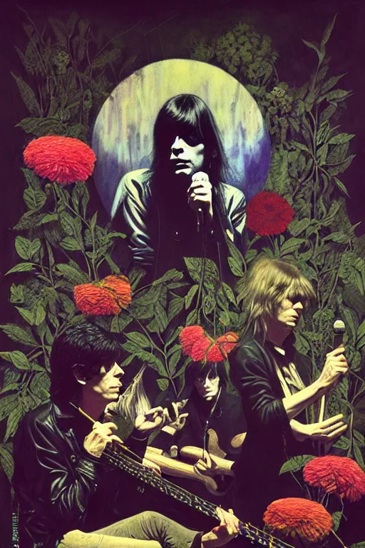 Image similar to the velvet underground and nico playing live on stage at a night club, beautiful stage decoration with flowers in the background, painting by ivan shishkin and james jean, very detailed and toned down and ornamental and moody and cool and relaxed and high on drugs, tasteful colors, trending on artstation, behance contest winner