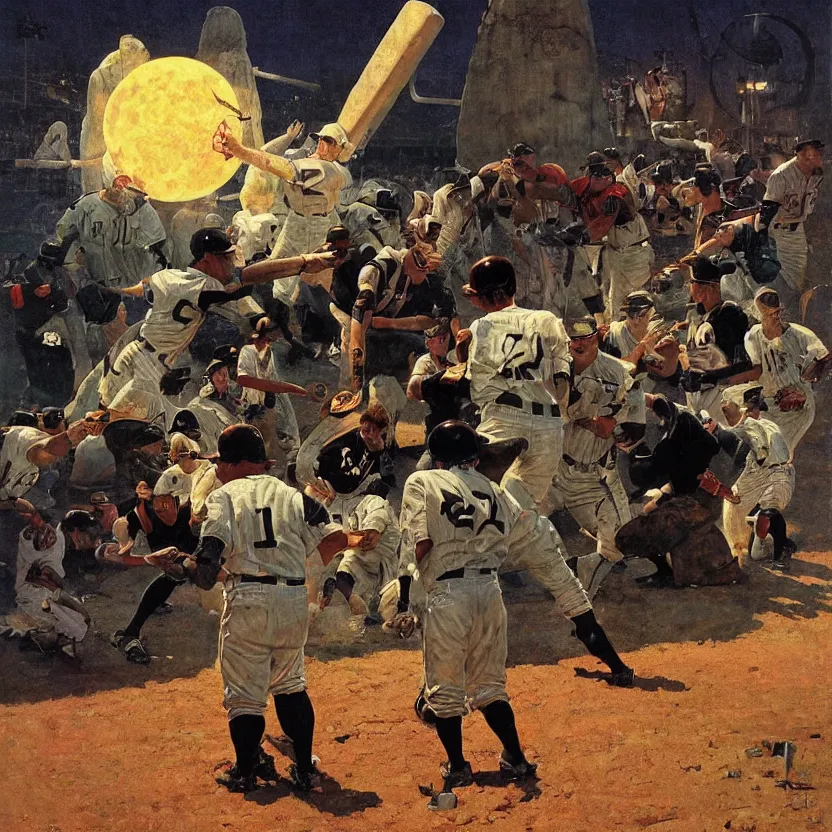 Prompt: a baseball field with ancient monoliths with glowing runes. highly detailed science fiction painting by norman rockwell and syd mead. rich colors, high contrast, gloomy atmosphere, dark background.