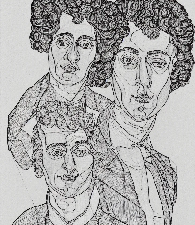 Image similar to detailed line art portrait of mozart, inspired by egon schiele. caricatural, minimalist, bold contour lines, musicality, soft twirls curls and curves, confident personality, raw emotion
