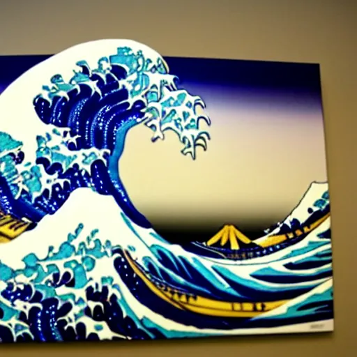 Prompt: the great wave off kanagawa made of lego, soft lighting